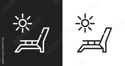 Deck chairs and sun icon. Linear black, white icon from summer collection. Outline deck chairs and sun vector. Thin line symbol isolated on white and black background