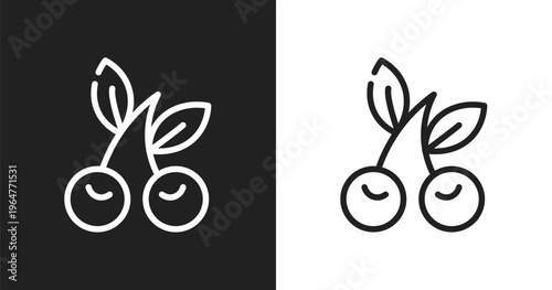 Cherries icon. Linear black, white icon from summer collection. Outline cherries vector. Thin line symbol isolated on white and black background