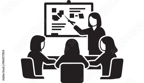 People sitting in meeting with presenter pointing at screen featuring presentation, business, office with discussion and teamwork elements for