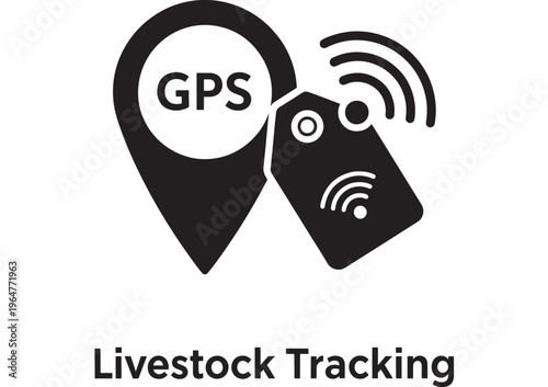 GPS device icon with livestock tracking tag and wireless signal... featuring farm technology, agriculture, farm management with farm equipment and