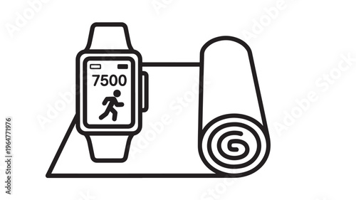 Smartwatch fitness tracker with running icon and rolled up yoga mat featuring exercise, workout, health with wellness and sport elements for