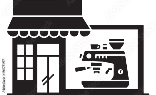 Cafe storefront icon with black awning and coffee machine display featuring restaurant, illustration, vector with graphic and design elements for