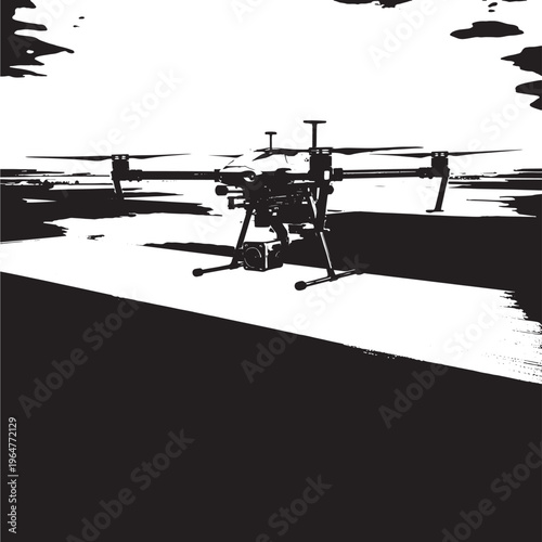 Drone black silhouette with rotors and landing gear, on a white background with shadows. featuring unmanned aerial vehicle, UAV, aircraft with flying