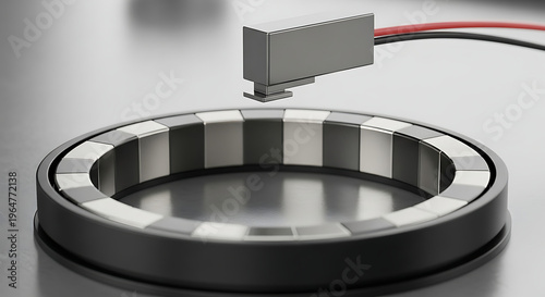  Magnetic ring encoder with a large multi-sensor read head for precision rotation sensing. Industrial automation component for motor control and high-accuracy position feedback in robotic systems.