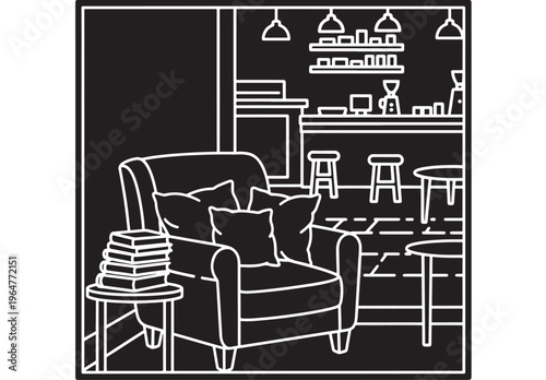 Armchair comfortable with pillows and coffee table in modern living room interior featuring chair, furniture, cozy with shelves and lighting elements