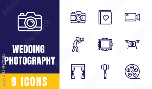 Wedding Photography Line Icons Set — Camera, Video Camera, Photographer, Photo Frame, Drone, Tripod, Selfie Stick, Film Reel, Heart Polaroid