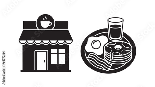 Coffee shop icon with breakfast food plate including pancakes and egg featuring restaurant, cafe, eggs with glass and drink elements for brunch, meal