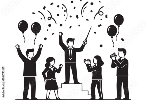 People celebrating with confetti and balloons in black and white vector illustration featuring celebration, party, festive with joyful and happy