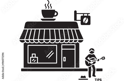 Coffee shop with musician playing guitar outside and steaming cup on top featuring music, street performance, cafe with restaurant and building