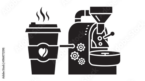 Coffee cup icon with steam rising next to coffee grinder machine featuring caffeine, beverage, drink with hot drink and morning routine elements for