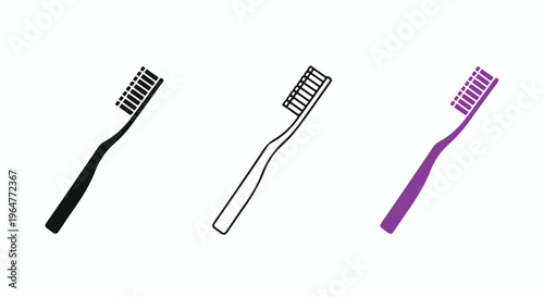Three toothbrushes in black, grayscale, and purple on a white background, with varying bristle and handle designs.