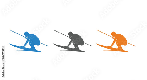 Three colored skier silhouettes skiing down a slope in blue, gray, and orange on a white background.