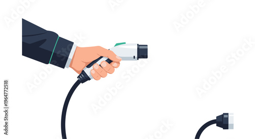 A hand in a suit sleeve is holding an electric vehicle charging plug with its cable, with another plug visible.