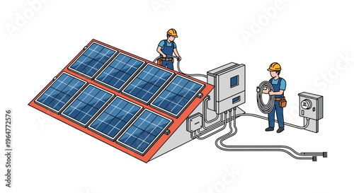 Two workers are installing solar panels and connecting electrical wiring on a red-tiled roof structure.