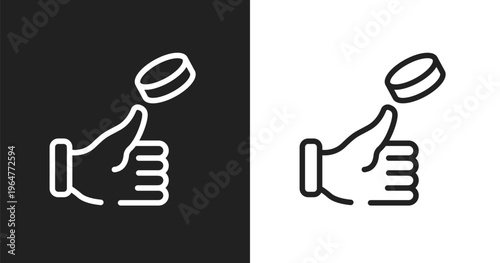 Coin toss icon. Linear black, white icon from soccer collection. Outline coin toss vector. Thin line symbol isolated on white and black background