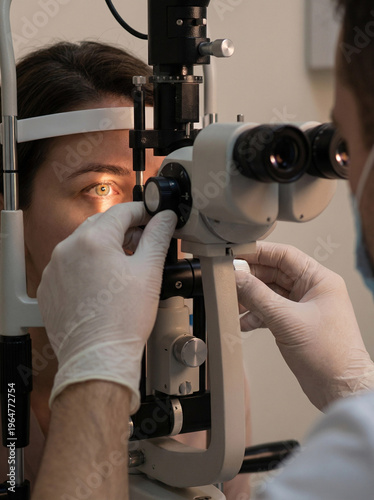 Female patient undergoing eye examination with a slit lamp microscope