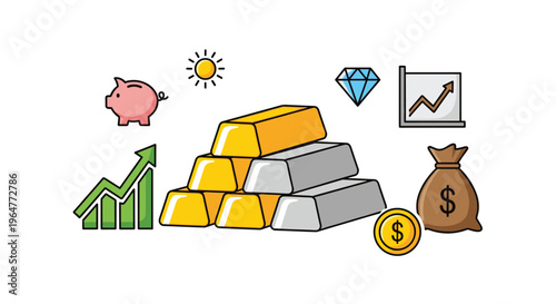 A 2D illustration showcases a central stack of gold and silver bars surrounded by financial icons including a piggy bank, diamond, and rising graph on a white background.
