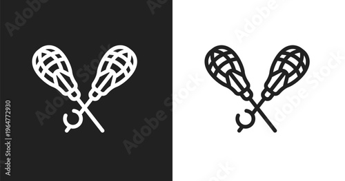 Lacrosse icon. Linear black, white icon from sport equipment collection. Outline lacrosse vector. Thin line symbol isolated on white and black background