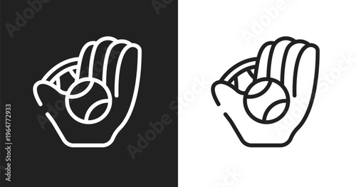 Baseball ball icon. Linear black, white icon from sport equipment collection. Outline baseball ball vector. Thin line symbol isolated on white and black background