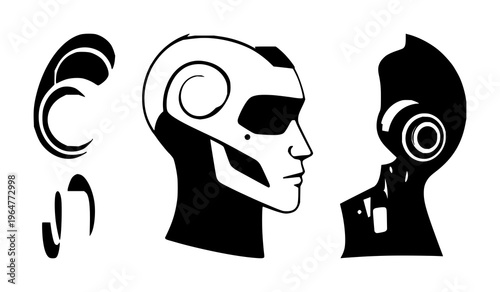 Machine learning robot head set with solid black icon on white background featuring machine learning, artificial intelligence, robotics with silhouette and profile