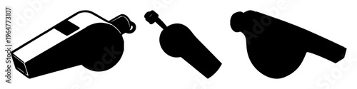 Sport whistle set with solid black icon on white background, minimalistic line design featuring whistle, sports, fitness with gym and class