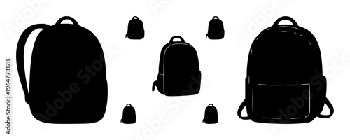 Student backpack silhouette set with solid black outline against white background featuring backpack, luggage, travel scenery with student life and education