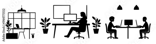 Co-working space icon set with solid black icon on white background featuring workspace, collaboration, office environment with black and white and simple minimal style