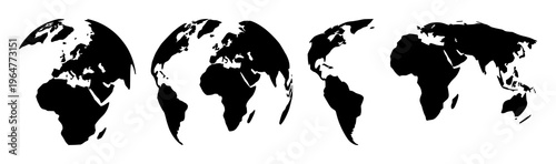 Global business world set with solid black icon against white background featuring globe, people, stocks, trade with connectivity and finance