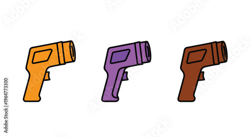 Three cartoon-style hair dryers in orange, purple, and brown on a white background.