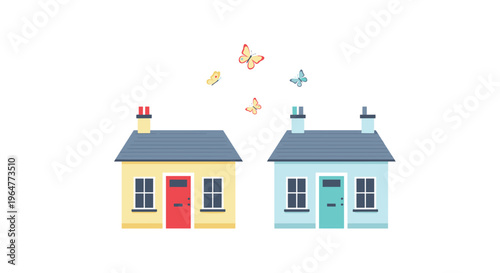 Two colorful cartoon houses, one yellow and one blue, stand side-by-side with five butterflies fluttering above them on a white background.