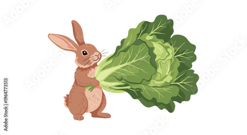 A sweet brown cartoon rabbit stands, holding a large, textured green head of cabbage with both paws on a plain white background.