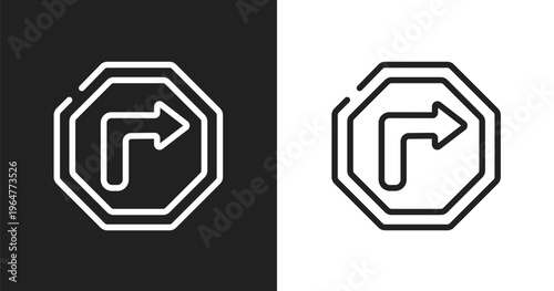 Right bend icon. Linear black, white icon from traffic signs collection. Outline right bend vector. Thin line symbol isolated on white and black background
