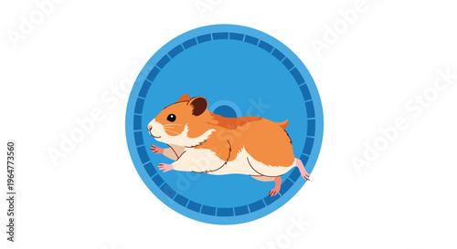 A cute cartoon hamster with brown and white fur runs vigorously inside a blue exercise wheel on a clean white background.