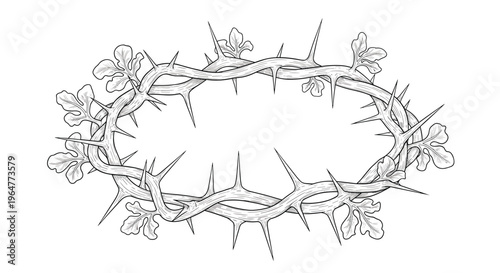 A detailed black and white line art illustration depicts a circular crown of thorns with small leaves on a plain white background.