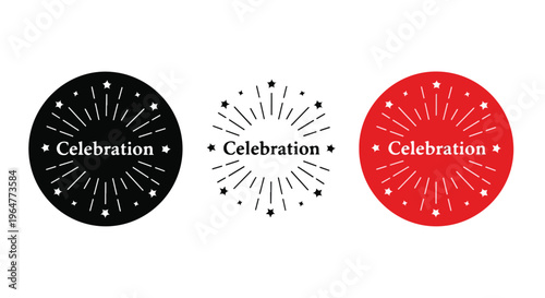 Three circular celebration icons in black, white, and red with starburst designs on a plain white background.