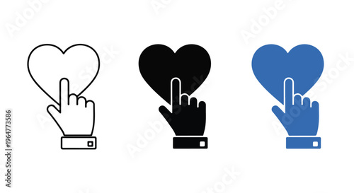 Three different icons showing a hand cursor clicking on a heart symbol, representing liking or favoriting content online