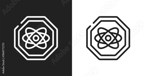 Atom sign icon. Linear black, white icon from universal warning signals collection. Outline atom sign vector. Thin line symbol isolated on white and black background