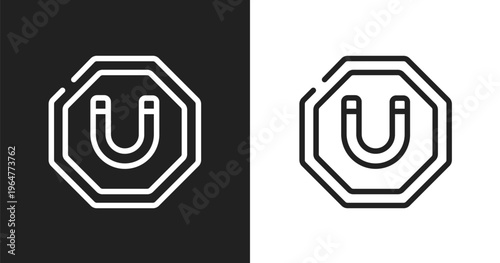 Magnet sign icon. Linear black, white icon from universal warning signals collection. Outline magnet sign vector. Thin line symbol isolated on white and black background