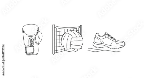 Three distinct black outline illustrations of a boxing glove, a volleyball with a net, and a running shoe are displayed on a pristine white background.