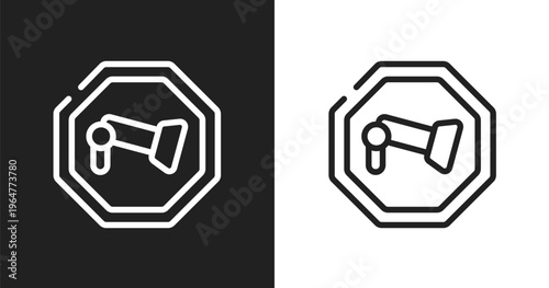 Camera sign icon. Linear black, white icon from universal warning signals collection. Outline camera sign vector. Thin line symbol isolated on white and black background
