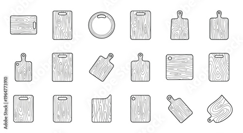 A collection of eighteen distinct cutting boards with various wood grain textures is displayed on a plain white background.