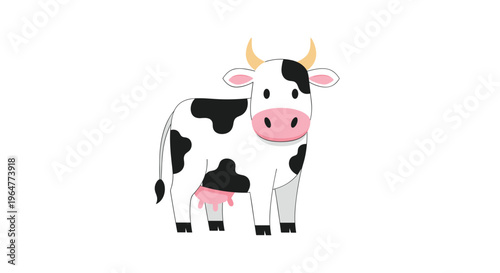 A friendly black and white cartoon cow with a pink udder and horns stands facing forward on a white background.