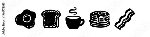 Set of minimalist black breakfast food icons featuring a fried egg, toast, hot coffee, pancakes with syrup, and a strip of bacon. Hand-drawn doodle style illustration on a white background.