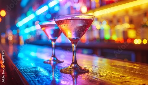 Vibrant bar scene with colorful lights reflecting on two cocktails, celebrate gay pride and LGBT