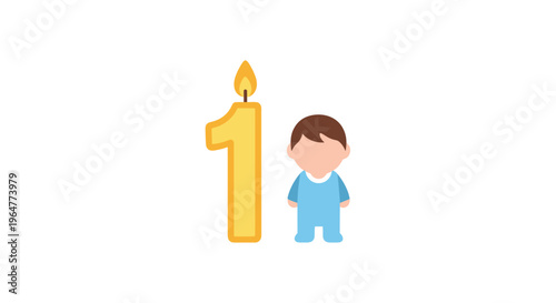 A cartoon baby in a blue romper stands beside a large yellow number one birthday candle with a flame.