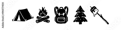 Hand-drawn camping icons set featuring tent, campfire, backpack, pine tree, and roasted marshmallow. Minimalist black silhouettes for outdoor adventure, hiking, and scouting designs.
