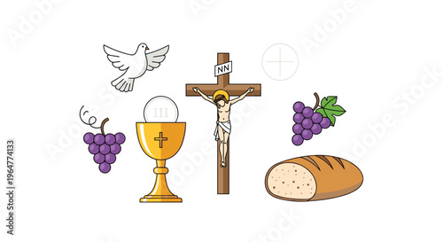 A collection of Christian symbols including a wooden crucifix, a golden chalice, a white dove, purple grapes, and a loaf of bread are scattered on a white background.