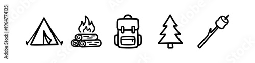 Set of hand-drawn camping icons featuring a tent, campfire, backpack, pine tree, and roasted marshmallow. Minimalist black doodle style on white background for outdoor adventure designs.