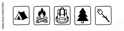 Set of five hand-drawn camping icons featuring a tent, campfire, backpack, evergreen tree, and marshmallow. Black and white doodle style vector illustrations for outdoor adventure and hiking.