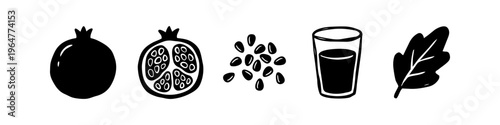 Black and white hand-drawn pomegranate icons set including whole fruit, half fruit, seeds, juice glass, and leaf. Minimalist vector illustration for healthy food design.